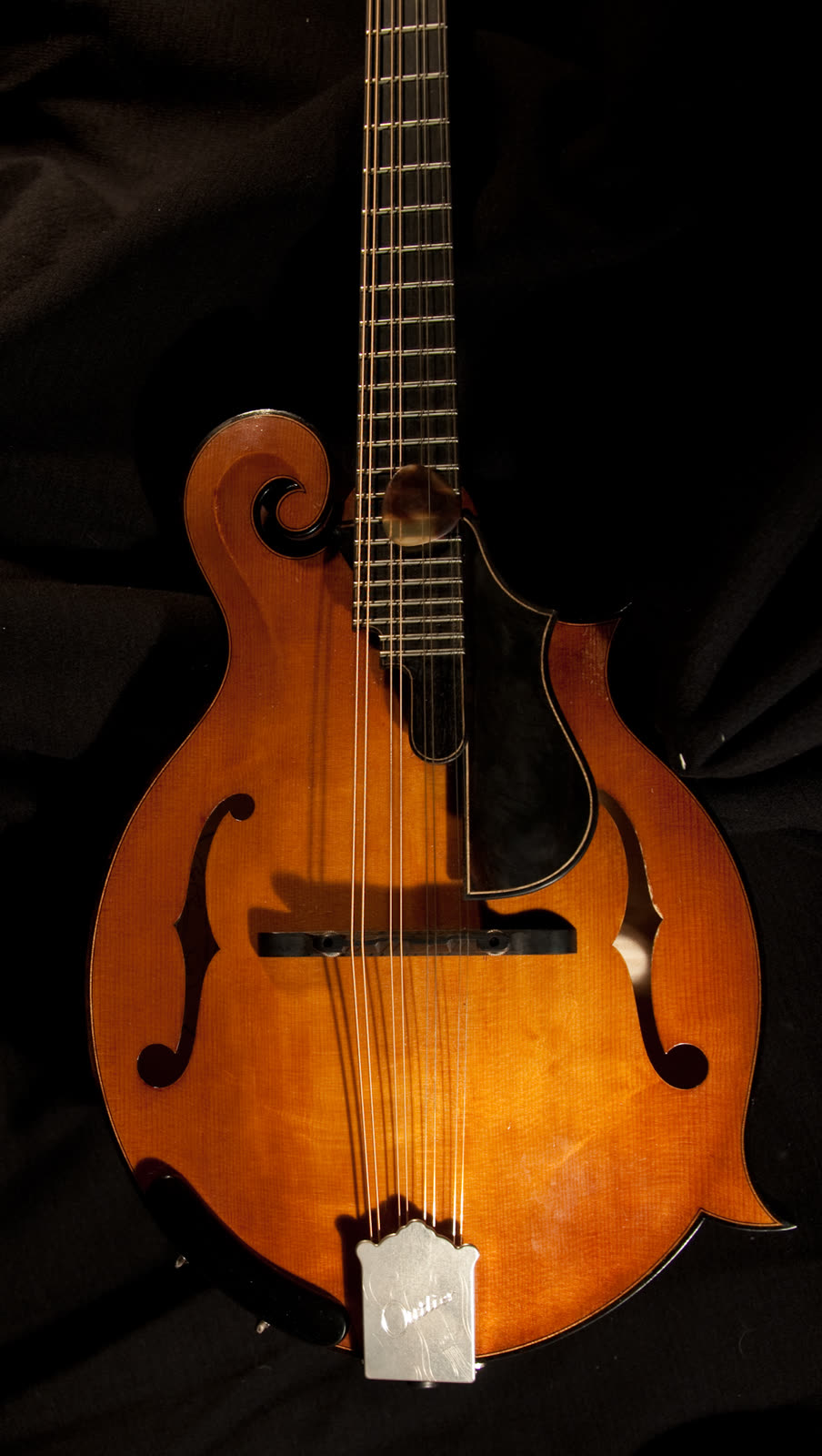 F-model mandolin — top, carved spruce with ebony pickguard and binding